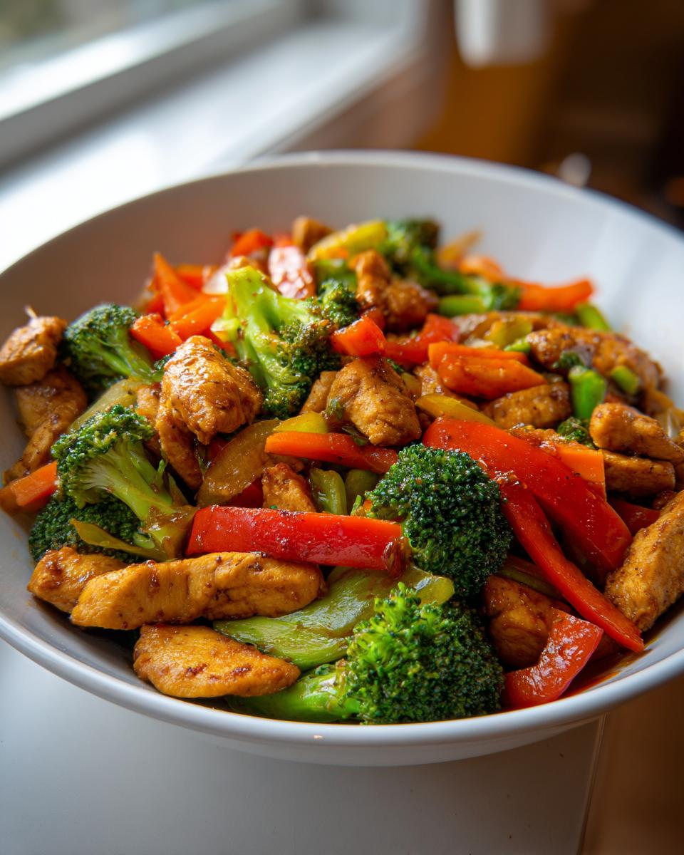 Bowl of chicken and vegetable stir fry with broccoli, red bell peppers, and carrots for healthy weeknight dinners