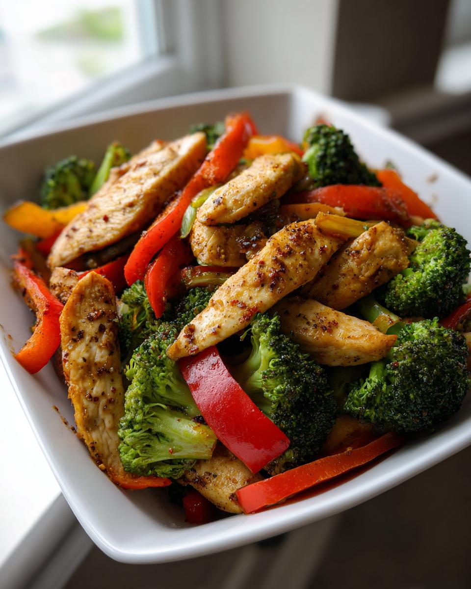 Bowl of chicken and mixed vegetables stir-fry with broccoli and red bell peppers for healthy weeknight dinners