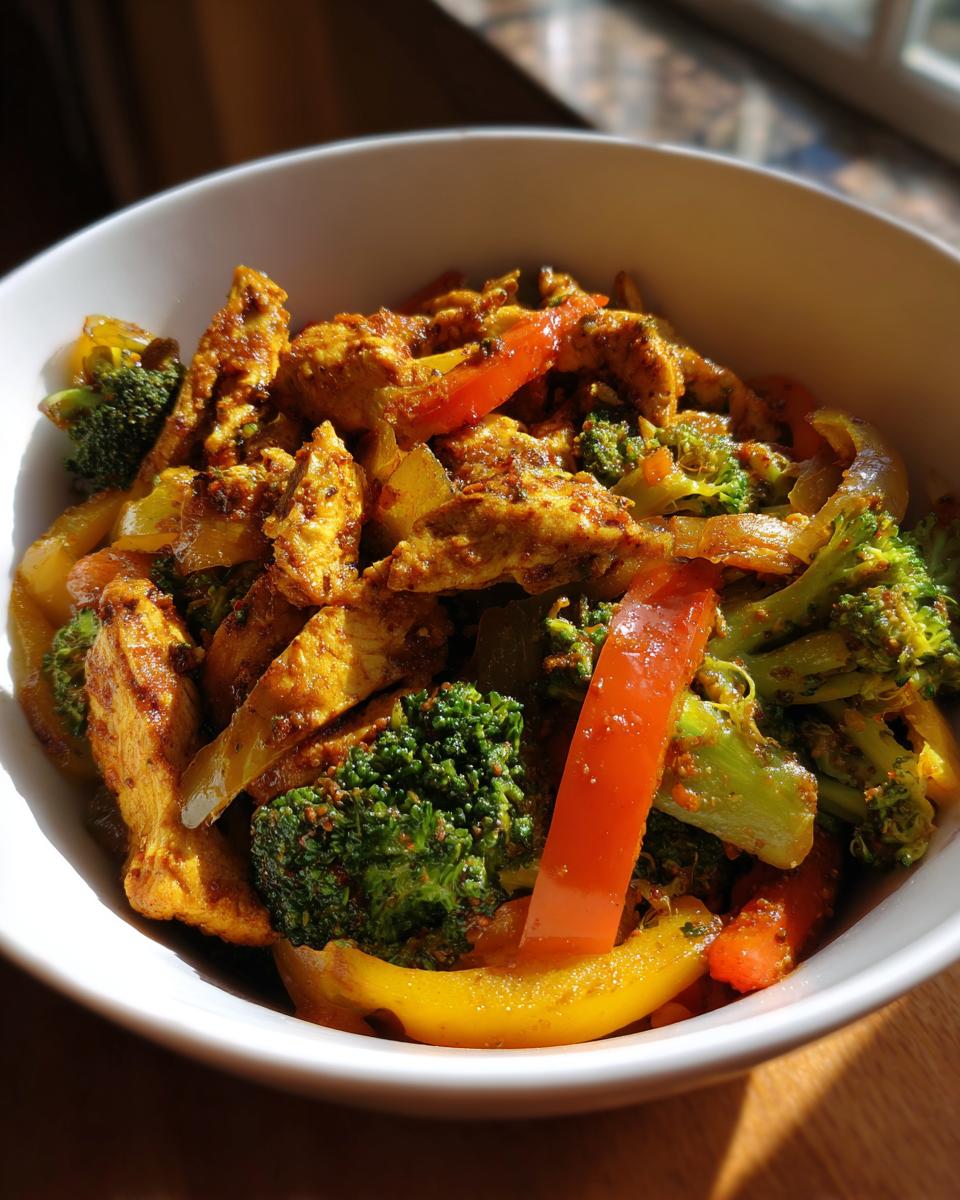 Bowl of spicy chicken strips with broccoli, red and yellow bell peppers, and onions for healthy weeknight dinners