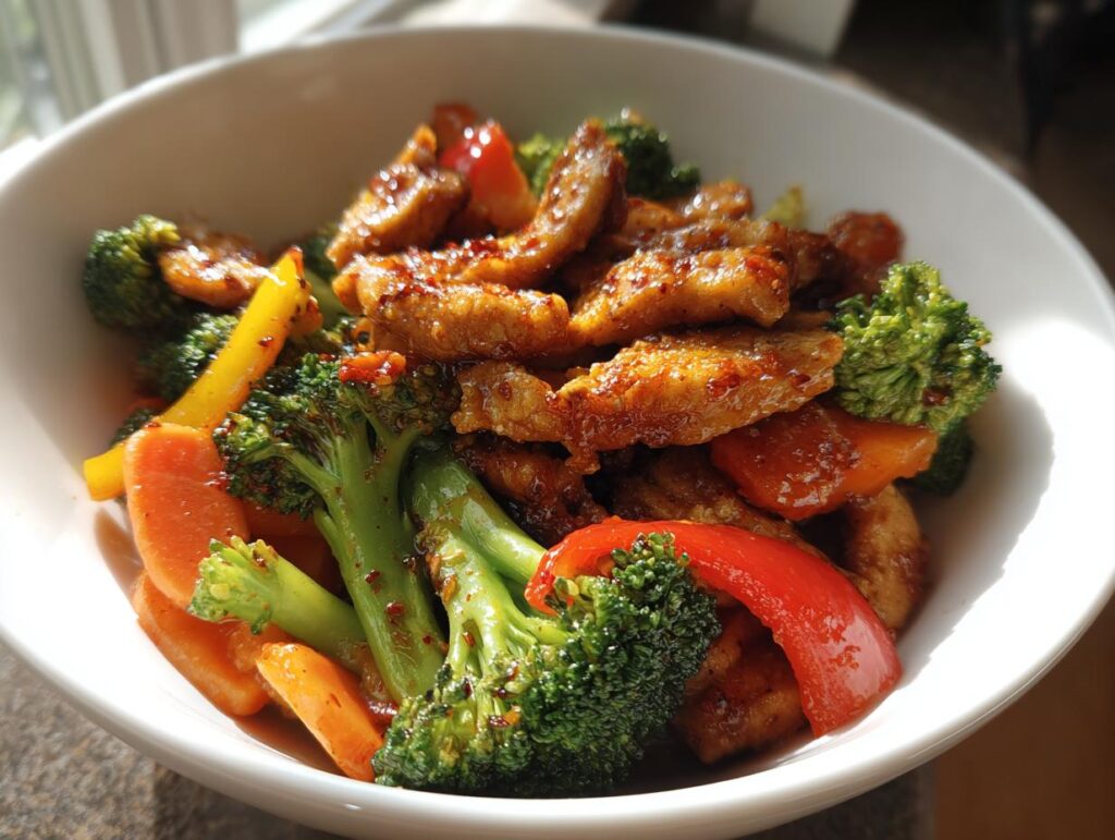 Bowl of spicy stir-fry with broccoli, bell peppers, carrots, and seasoned chicken for healthy weeknight dinners.