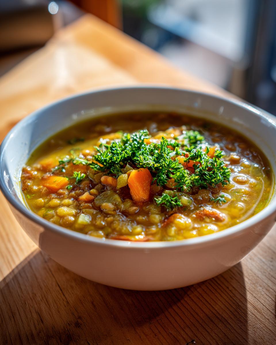 Bowl of lentil soup with carrots and fresh parsley on top, showcasing easy lentil recipes