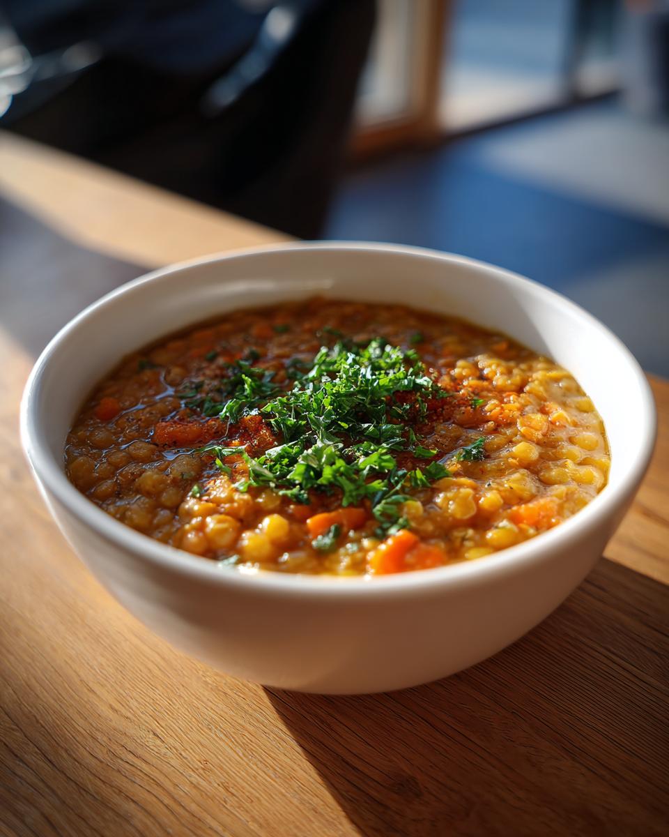 Bowl of lentil soup garnished with chopped fresh herbs on wooden table