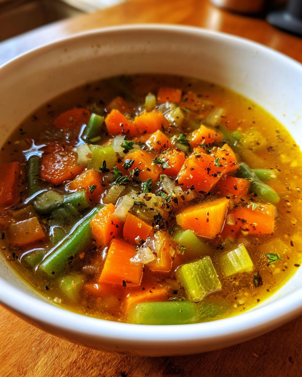 Close-up of a bowl of vegetable soup with carrots, green beans, celery, and herbs for healthy soup dinner recipes.