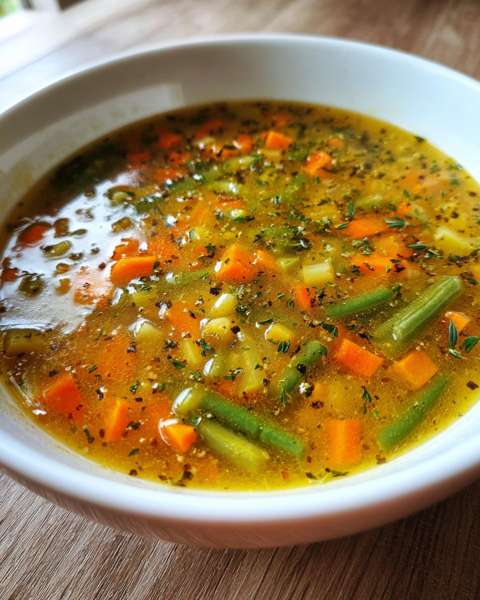 Close-up of a bowl of hearty vegetable soup with carrots, green beans, and herbs for healthy soup dinner recipes