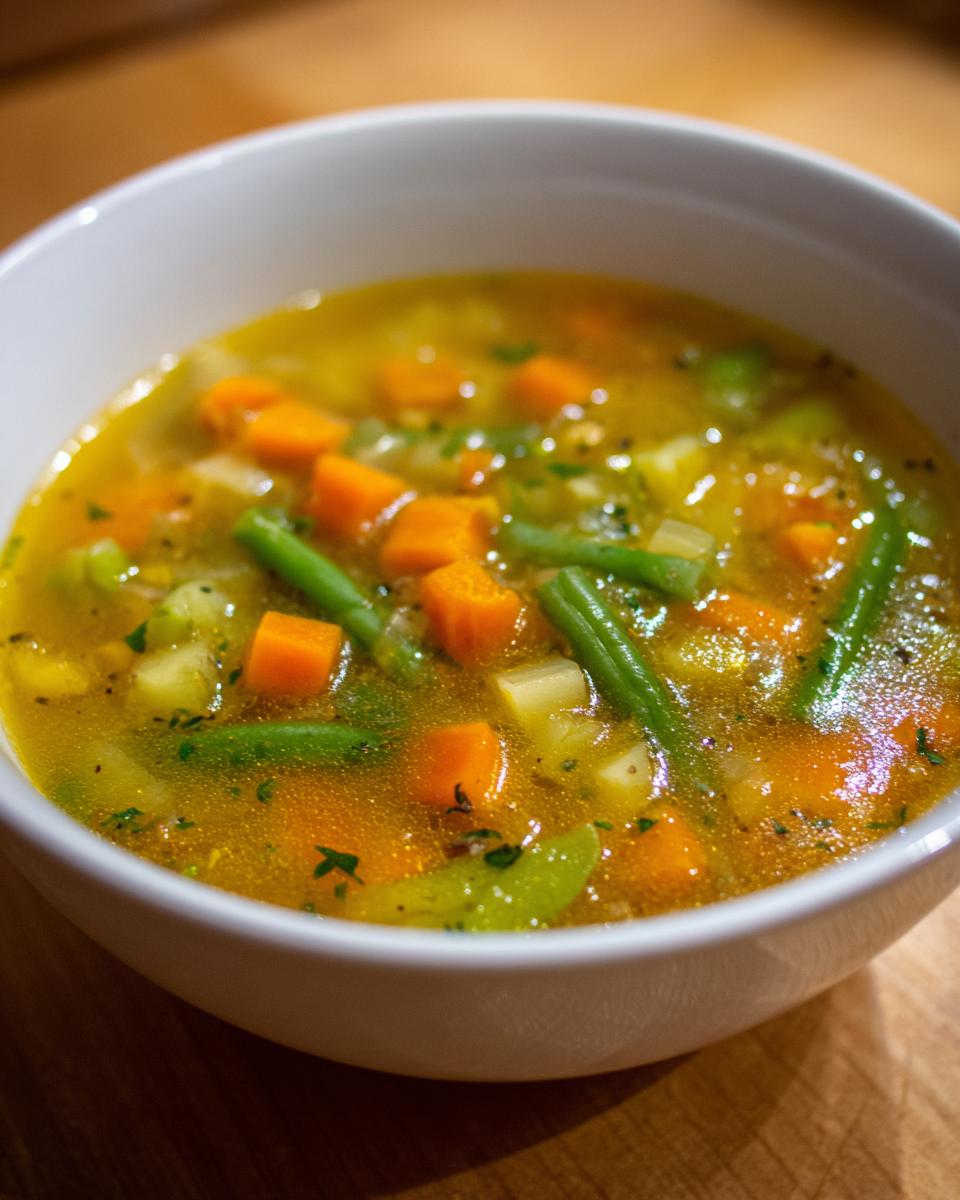 Bowl of vegetable soup with carrots, green beans, and broth for healthy soup dinner recipes