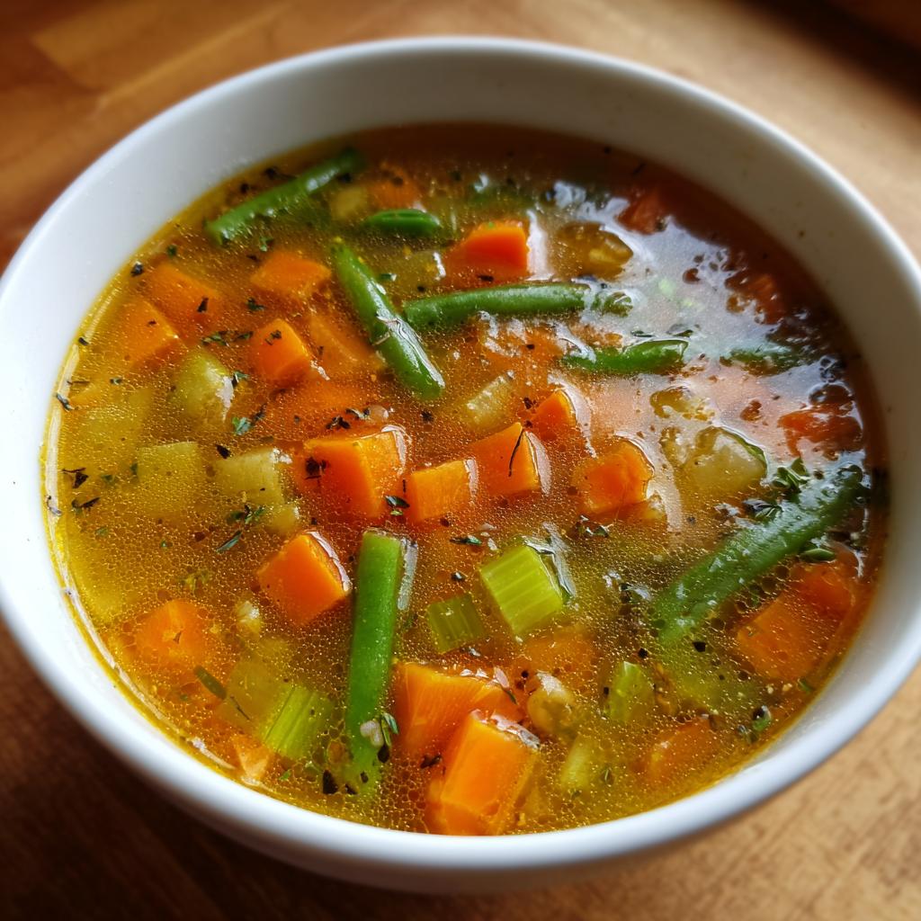 Bowl of vegetable soup with carrots, green beans, and celery for healthy soup dinner recipes