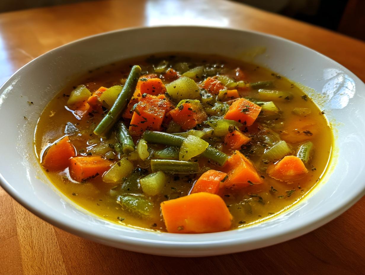 Bowl of hearty vegetable soup with carrots, green beans, and celery for healthy soup dinner recipes