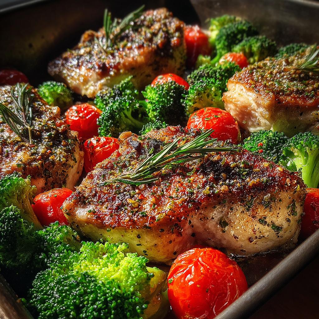 Herb-crusted salmon fillets with roasted broccoli and cherry tomatoes in a pan, a fast healthy dinner recipe
