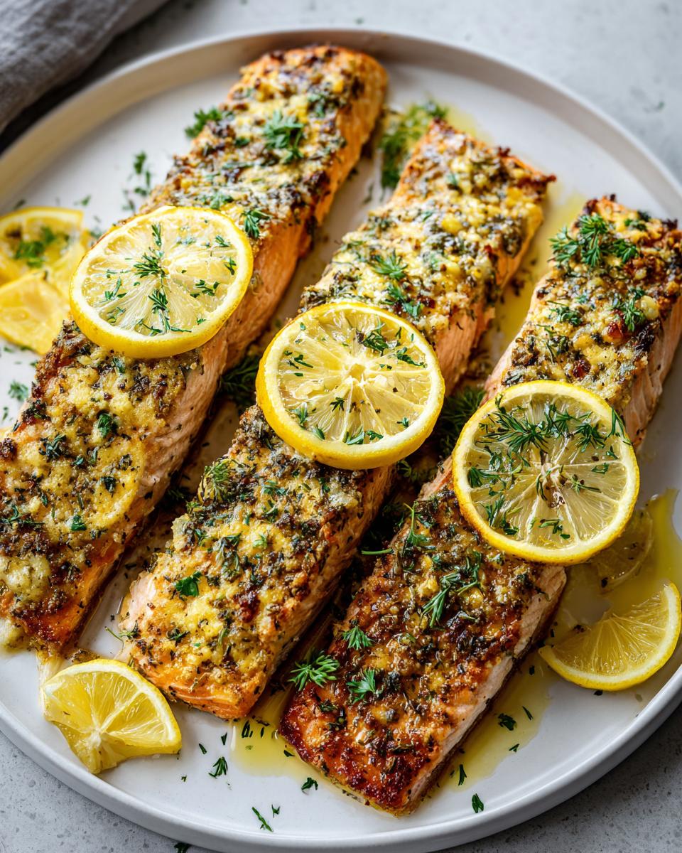 Three herb-crusted salmon fillets topped with lemon slices on a white plate for healthy fish dinner recipes.