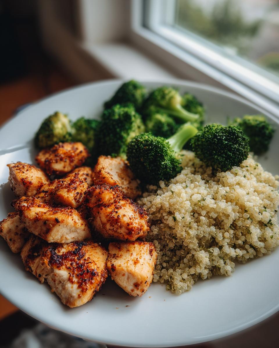 Plate with grilled chicken, steamed broccoli, and cooked quinoa for high protein dinner ideas