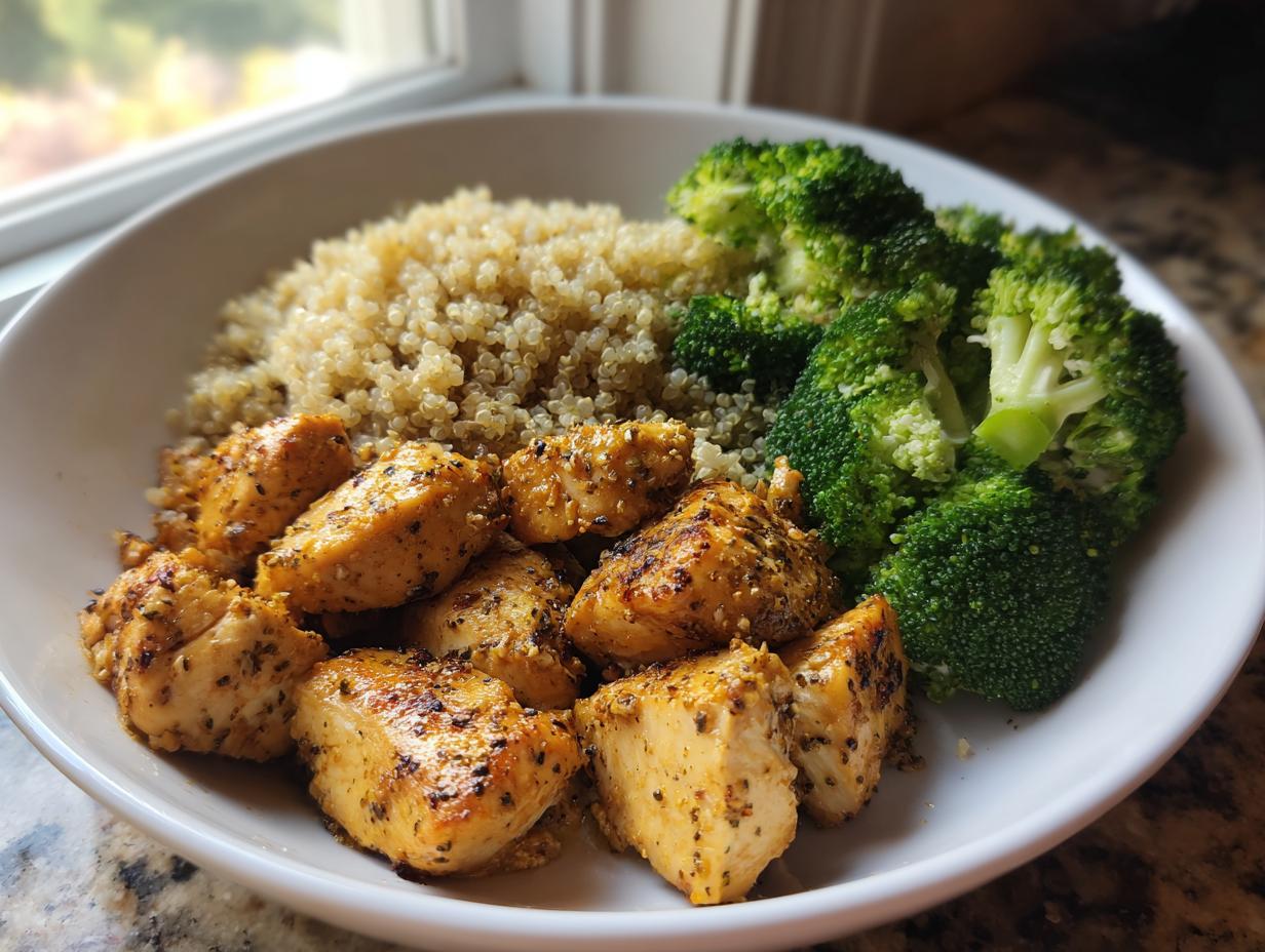 Plate with seasoned grilled chicken, cooked quinoa, and steamed broccoli for high protein dinner ideas.