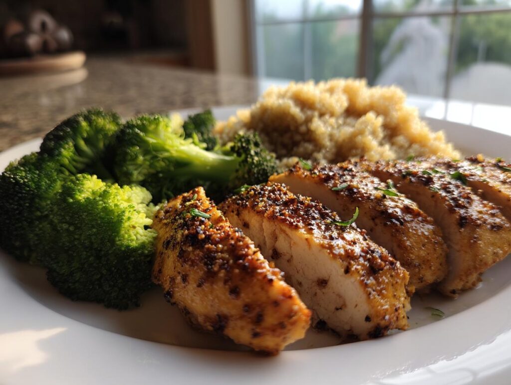 Plate with sliced grilled chicken breast, steamed broccoli, and quinoa for high protein dinner ideas