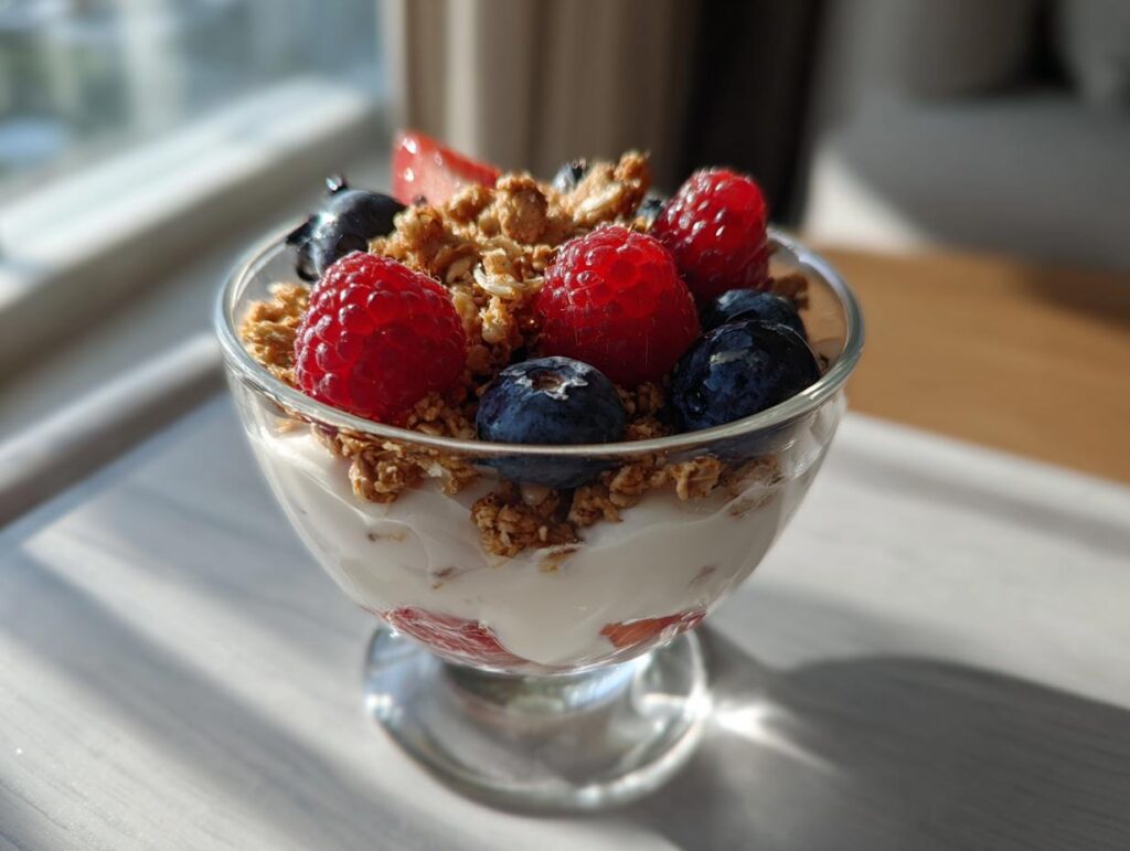 Glass bowl of yogurt topped with granola, raspberries, and blueberries as high protein snack ideas