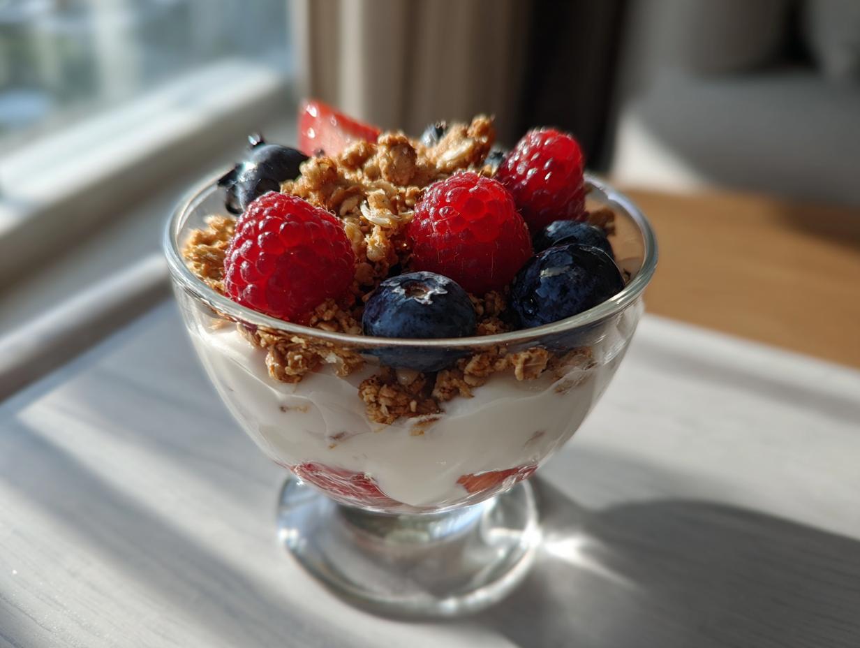 Glass bowl of yogurt topped with granola, raspberries, and blueberries as high protein snack ideas
