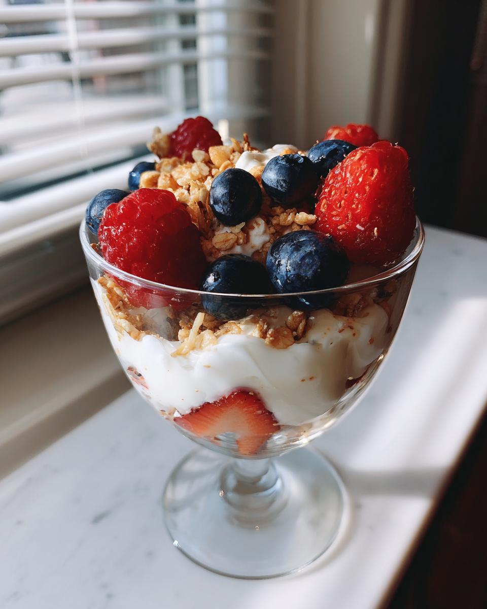 Glass cup filled with yogurt, granola, blueberries, raspberries, and strawberries as a high protein snack idea