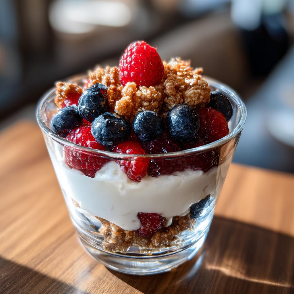 Glass cup filled with high protein snack ideas yogurt parfait topped with blueberries, raspberries, and granola