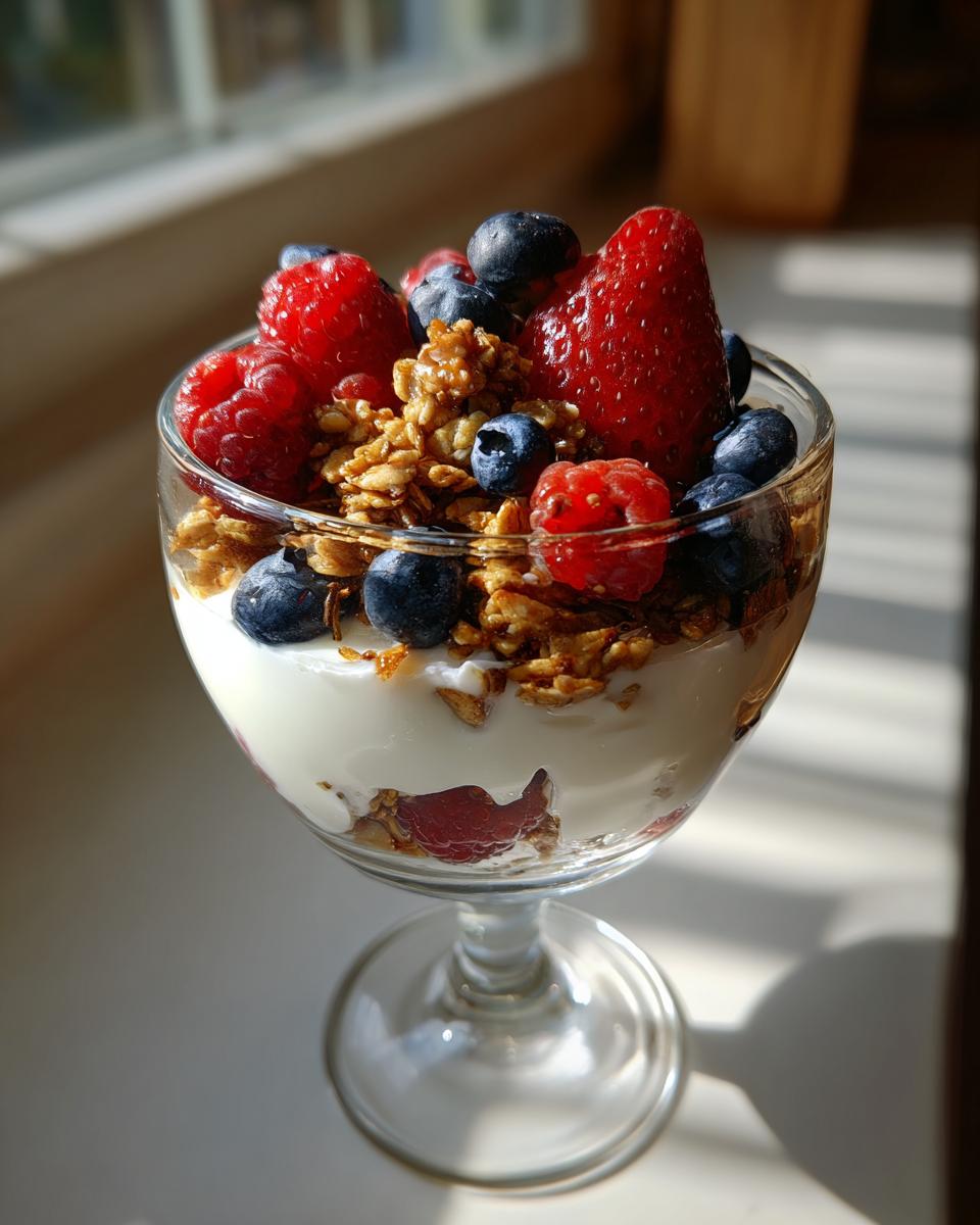 Glass of yogurt parfait topped with granola, strawberries, raspberries, and blueberries as high protein snack ideas
