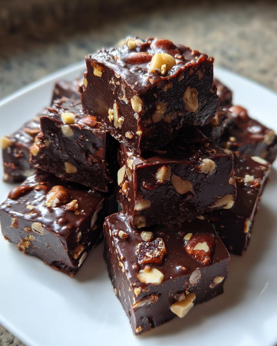 Close-up of homemade chocolate candy recipes with nuts stacked on a white plate.