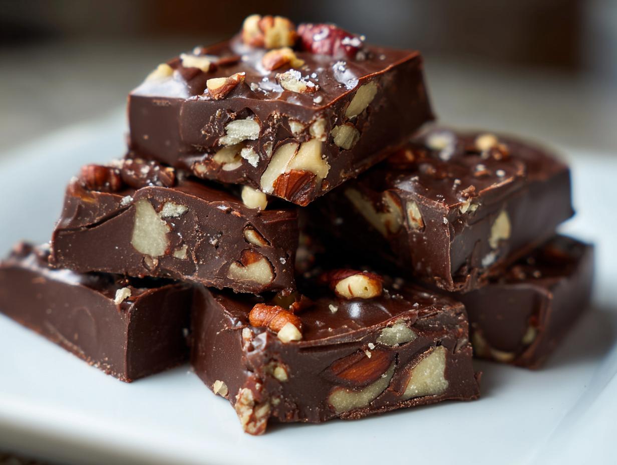 Stacked pieces of homemade chocolate candy recipes with nuts on a white plate