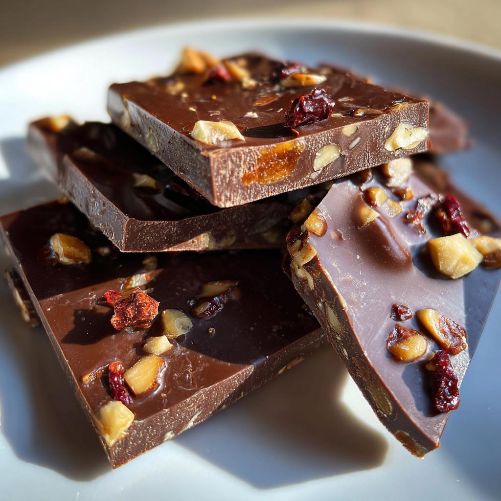 Close-up of homemade chocolate candy pieces with nuts and dried fruit on a white plate.