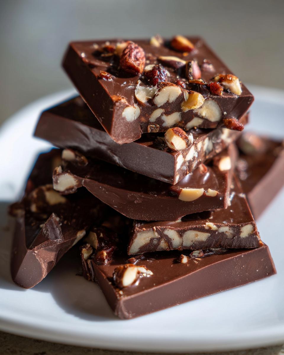 Close-up of stacked homemade chocolate candy recipes with nuts on a white plate.