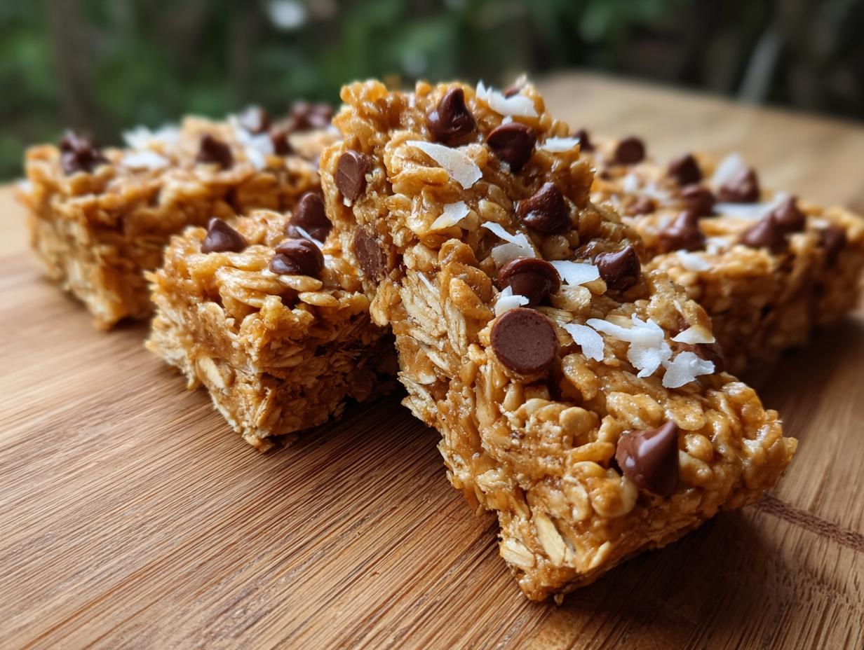 Close-up of homemade granola bars with chocolate chips and coconut flakes on wooden board
