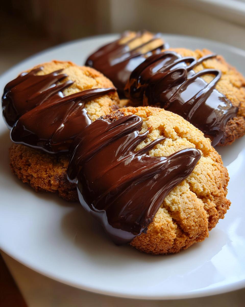 Close-up of homemade cookies drizzled with rich chocolate on a white plate