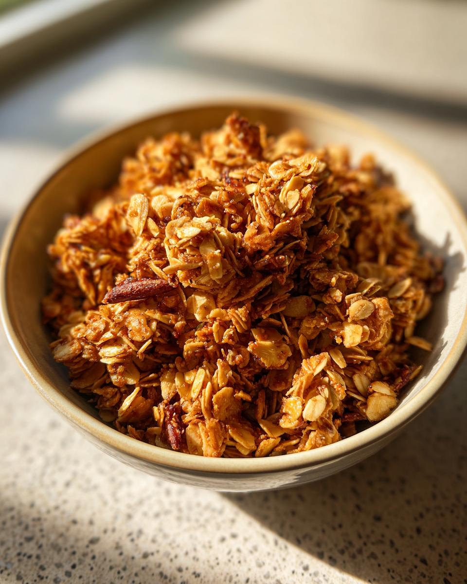 Bowl filled with crunchy granola clusters, showcasing an easy granola snack recipes idea.