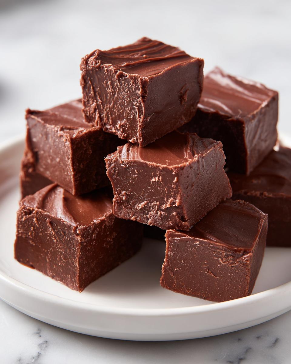 Close-up of rich, smooth homemade fudge dessert recipe squares stacked on a white plate.