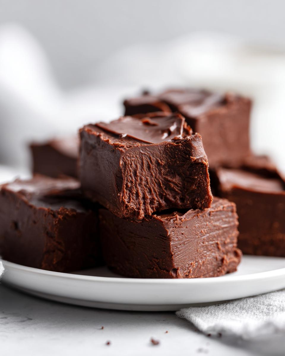 Close-up of rich, creamy homemade fudge dessert recipe squares stacked on a white plate.