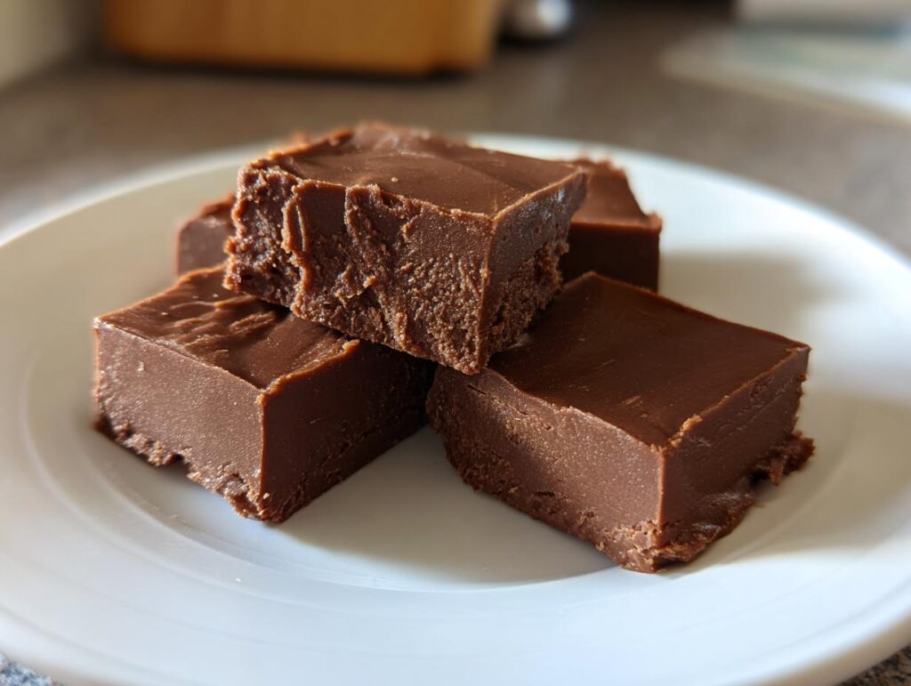 Close-up of four rich chocolate fudge squares on a white plate, homemade fudge dessert recipes
