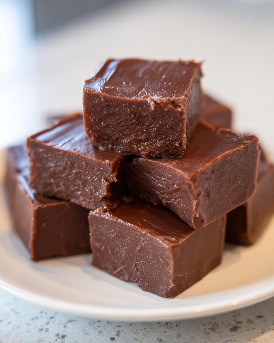 Close-up of rich chocolate fudge squares stacked on a white plate, homemade fudge dessert recipes