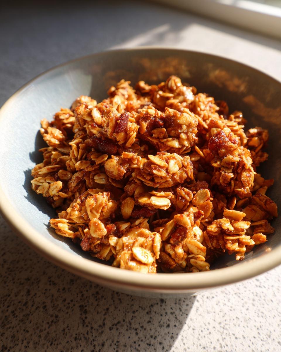Bowl filled with crunchy homemade granola clusters for easy granola snack recipes