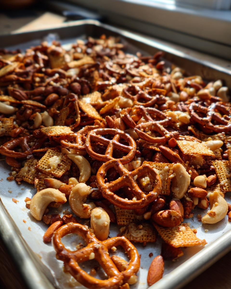 Close-up of a homemade party snack mix with pretzels, nuts, and cereal on a baking tray.