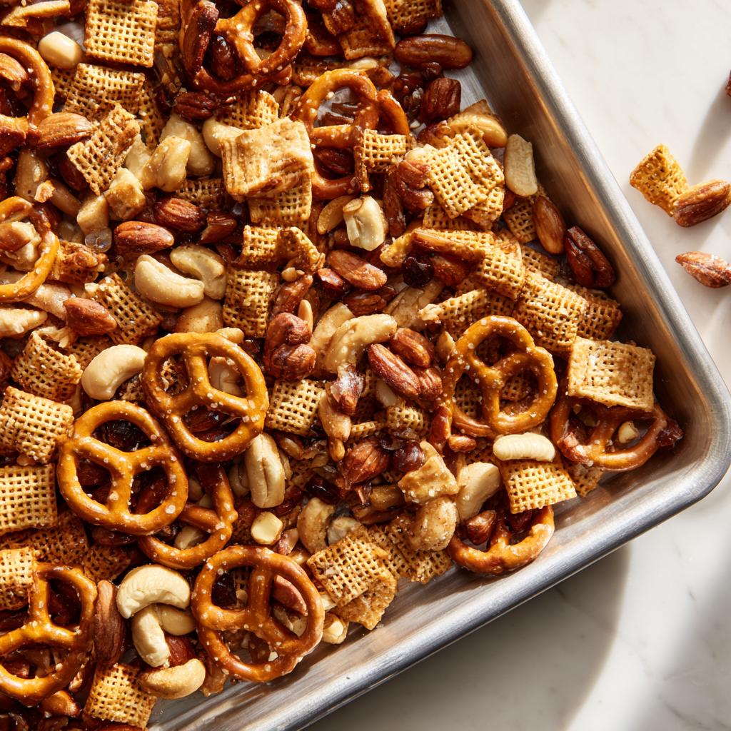 Close-up of a homemade party snack mix with pretzels, nuts, and cereal in a baking tray.
