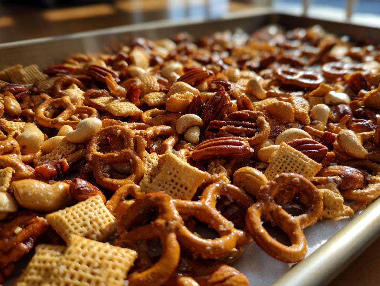 Close-up of a homemade party snack mix with pretzels, nuts, and cereal on a baking tray.