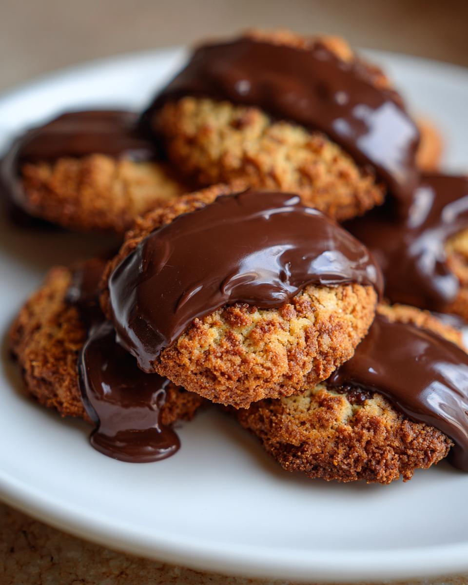 Close-up of homemade cookies dipped in glossy chocolate on a white plate.