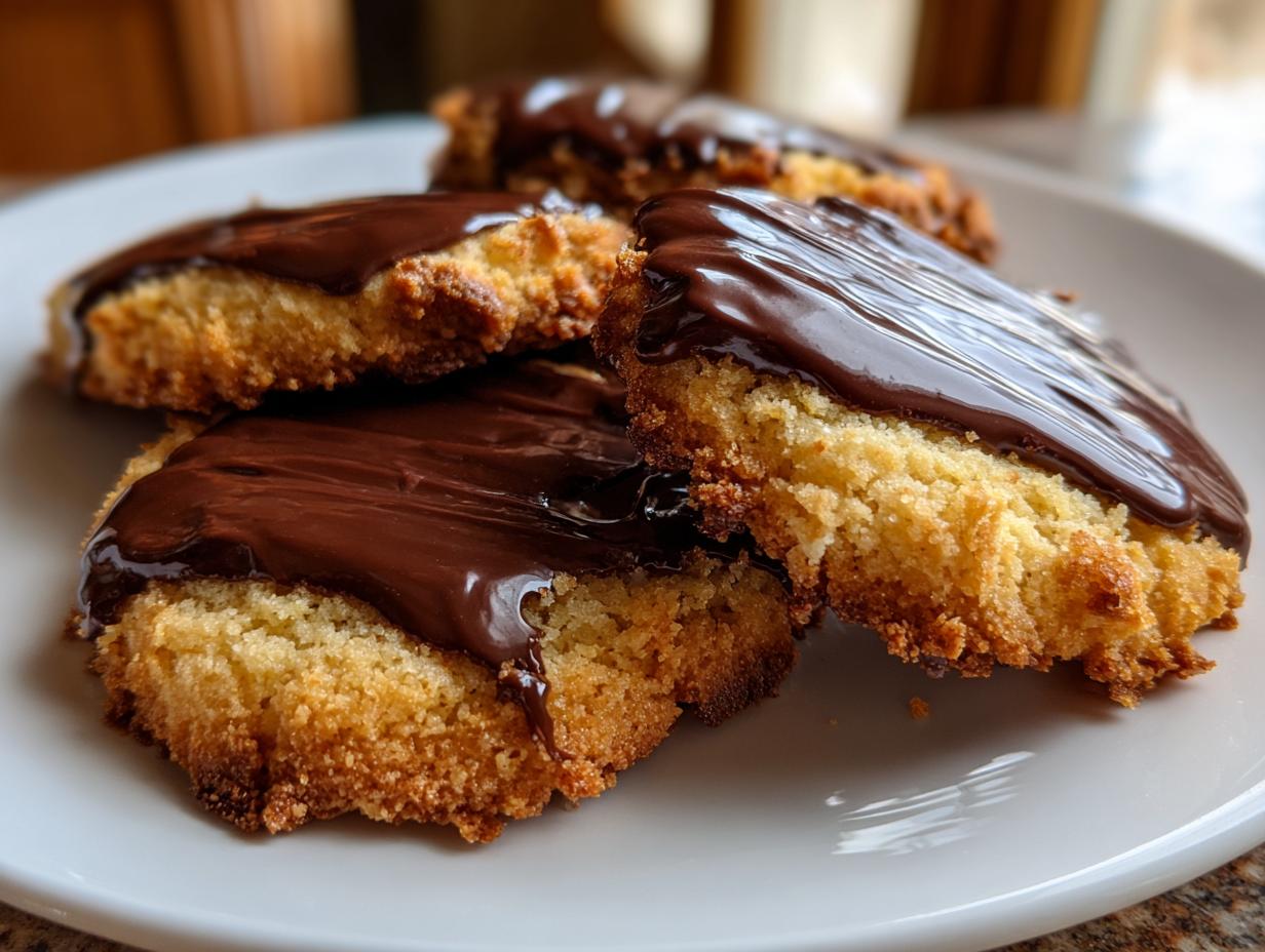 Close-up of homemade cookies topped with glossy chocolate on a white plate.