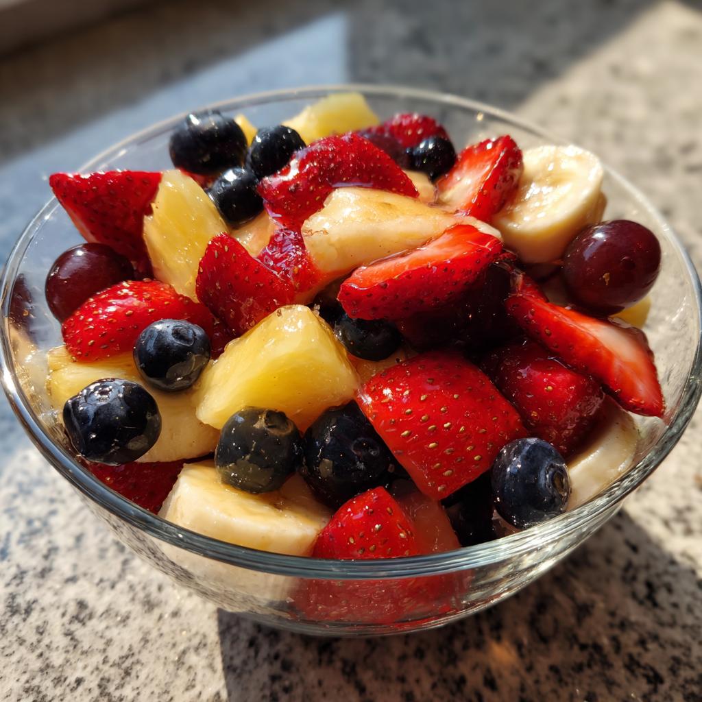 Close-up of a honey glazed fruit salad with strawberries, blueberries, banana, pineapple, and grapes.