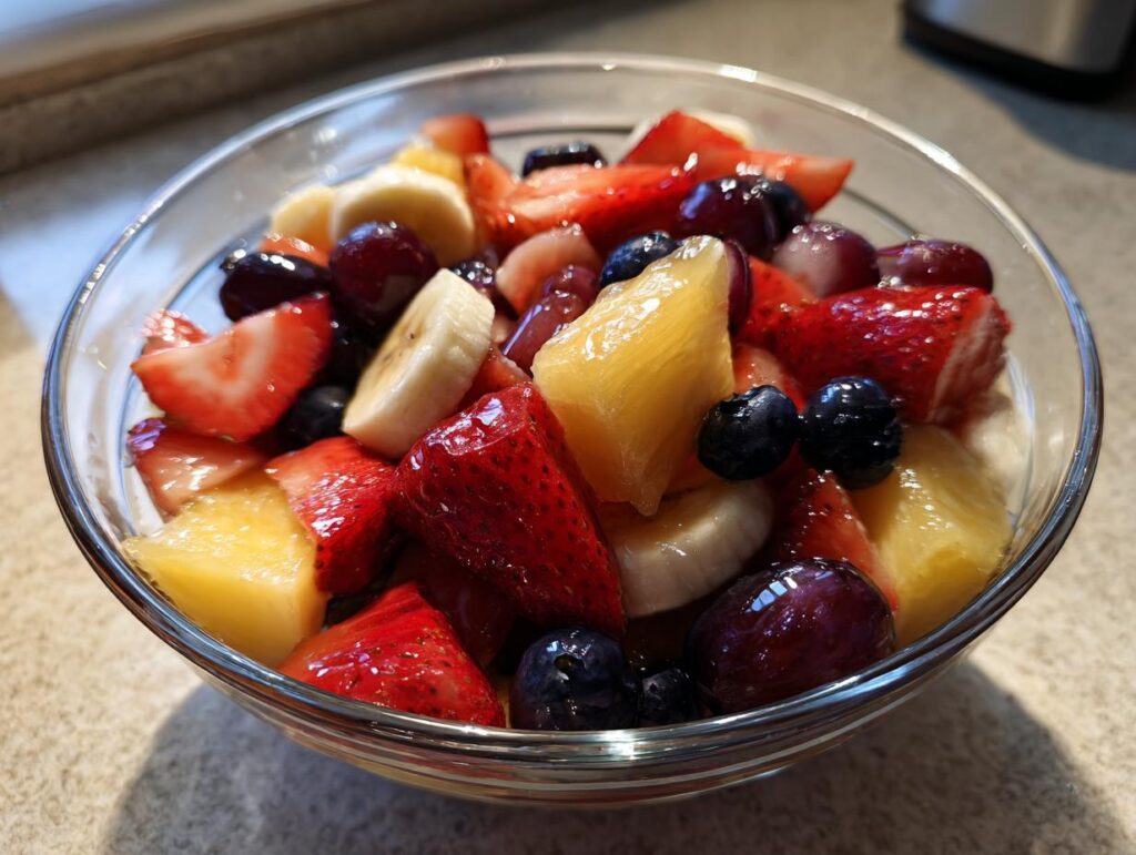 Glass bowl filled with honey glazed fruit salad including strawberries, bananas, pineapple, blueberries, and grapes.