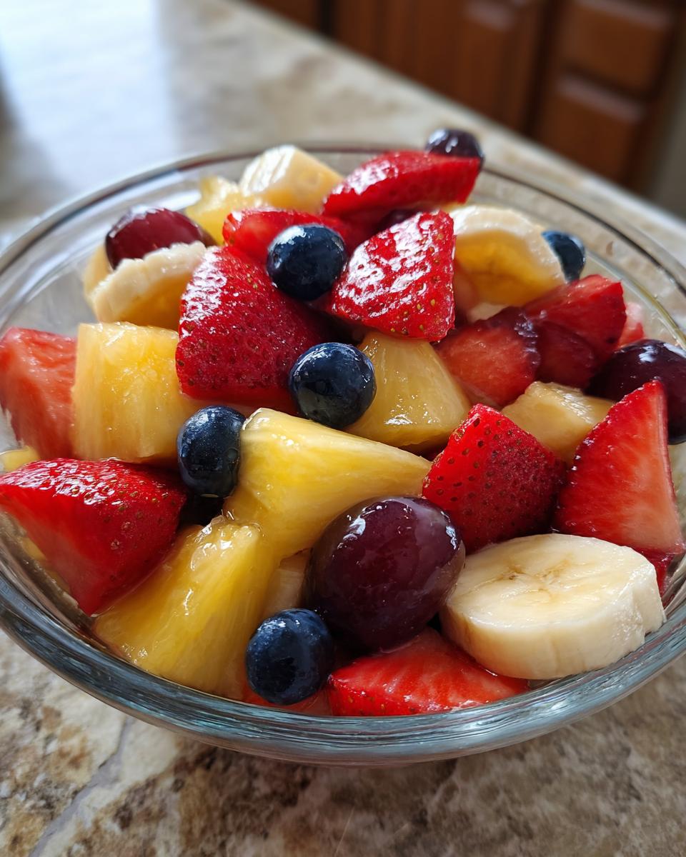 Close-up of honey glazed fruit salad with strawberries, blueberries, pineapple, banana, and grapes.