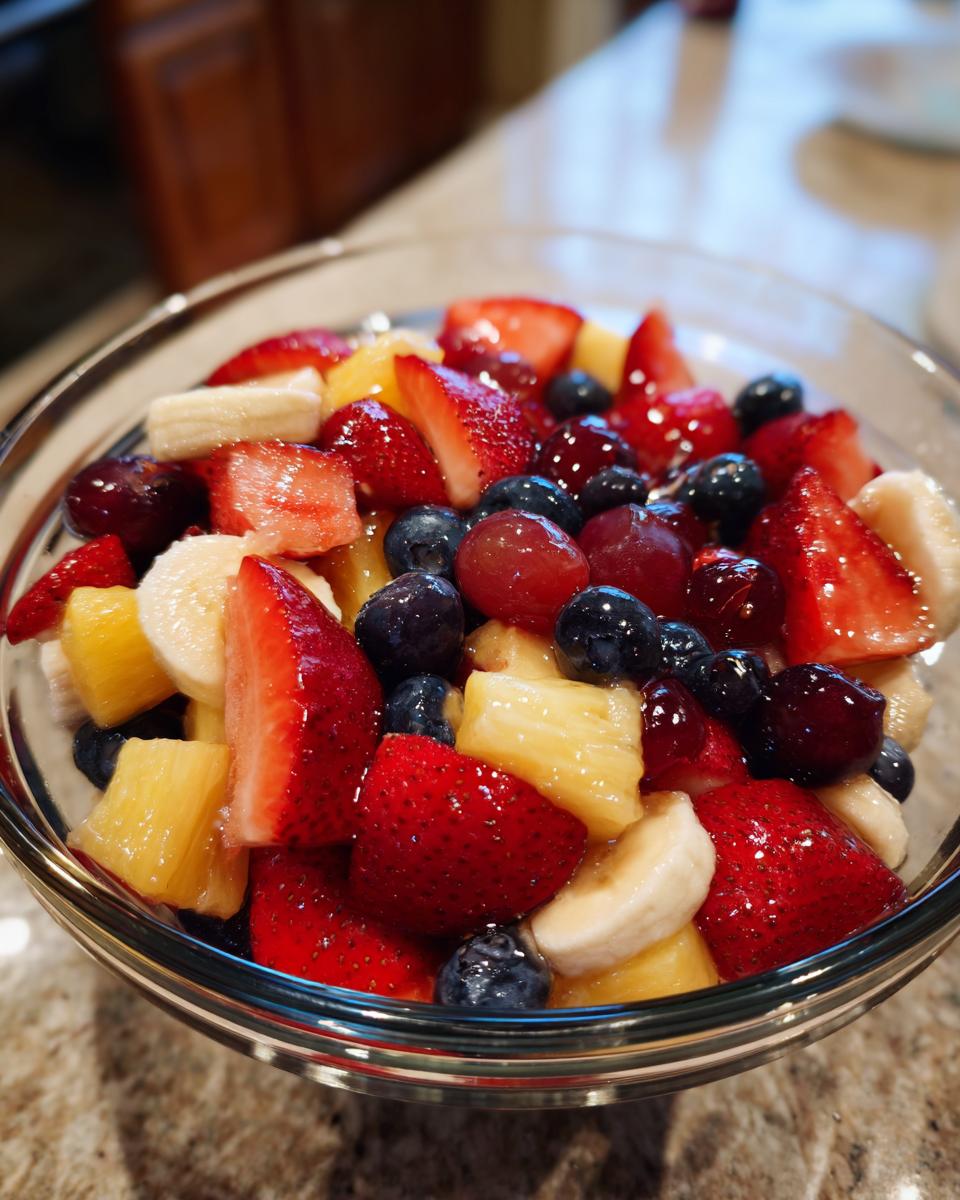 Colorful honey glazed fruit salad with strawberries, blueberries, bananas, pineapple, and grapes in a glass bowl.