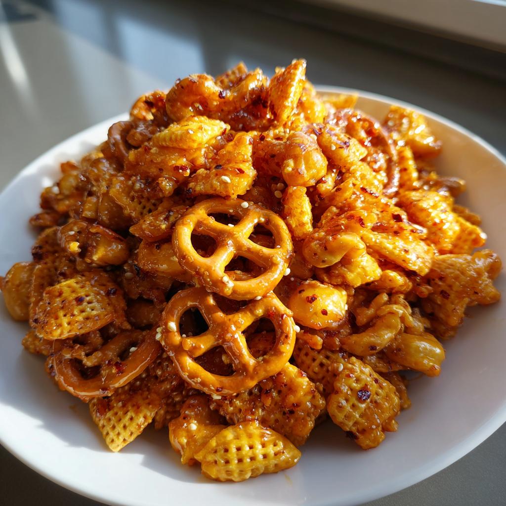 Close-up of a hot honey snack mix with pretzels and cereal coated in spicy honey glaze.