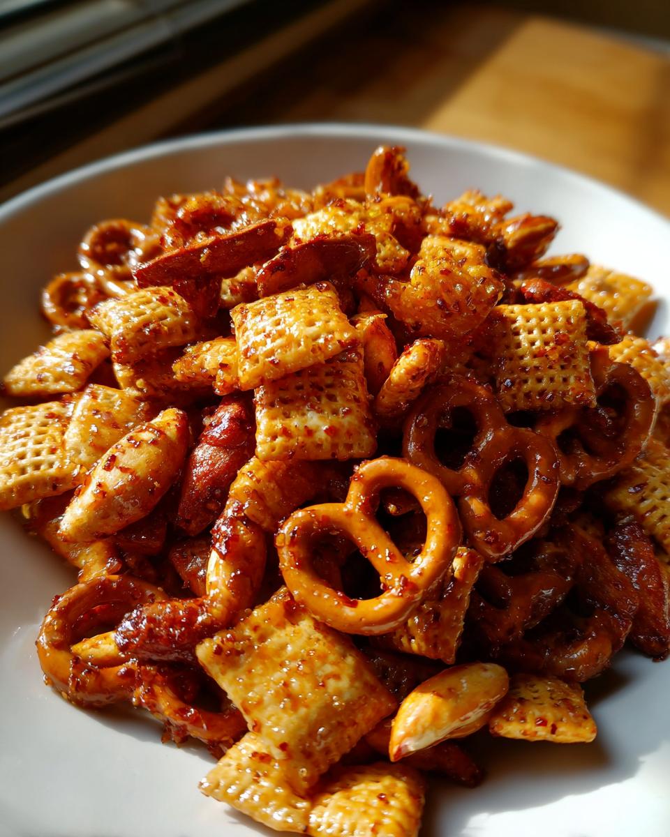 Close-up of hot honey snack mix with pretzels, nuts, and cereal coated in spicy seasoning.