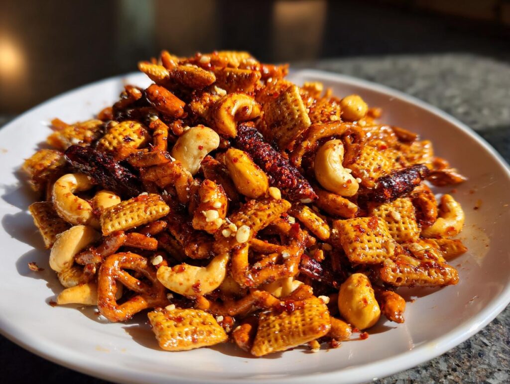Close-up of hot honey snack mix with nuts, pretzels, and cereal pieces on a white plate.