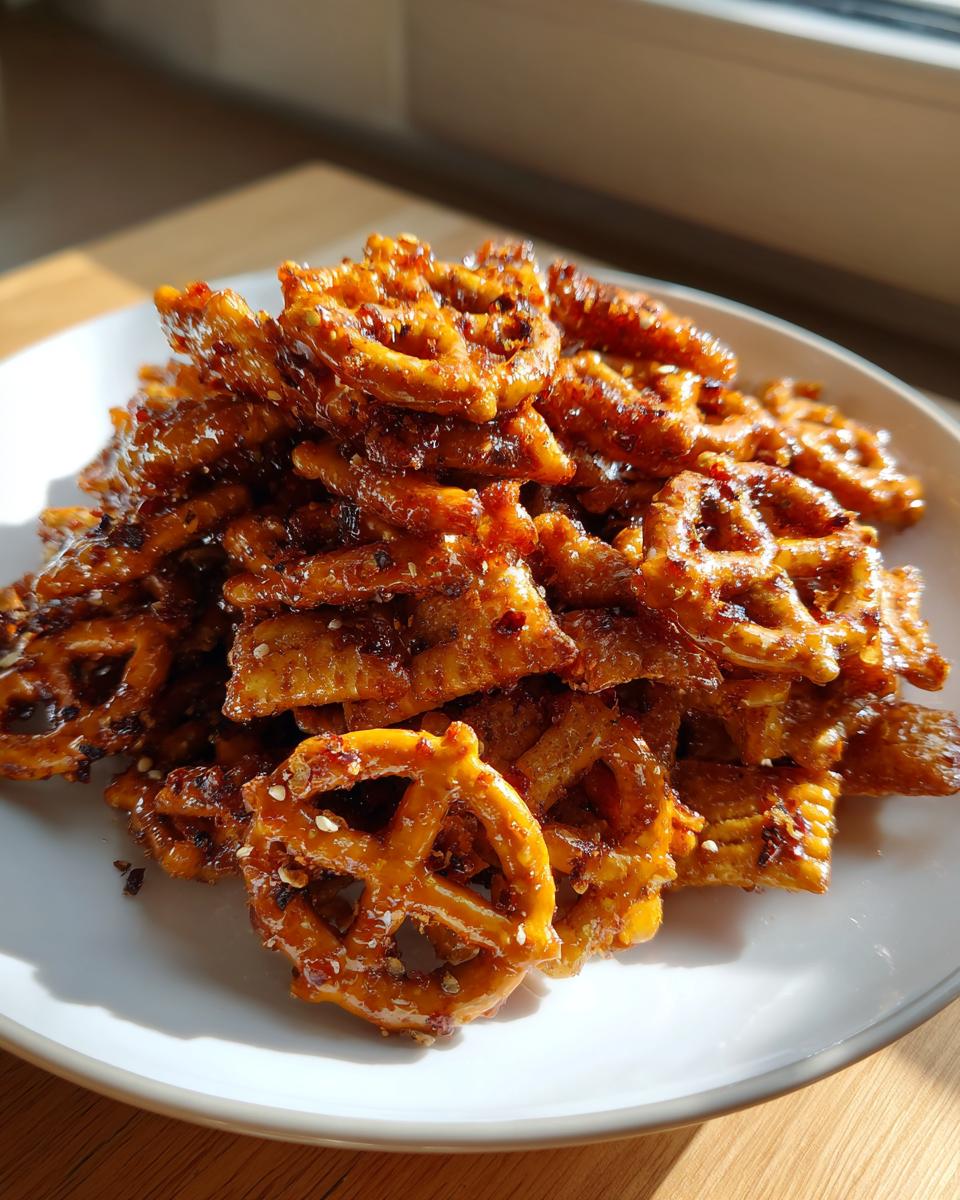Close-up of a spicy hot honey snack mix with pretzels and crackers on a white plate.