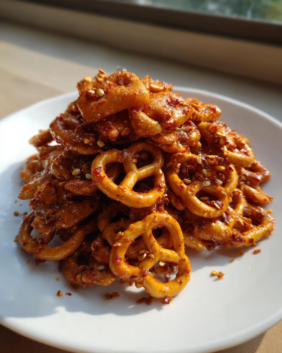 Close-up of hot honey snack mix with pretzels coated in spicy seasoning on white plate.