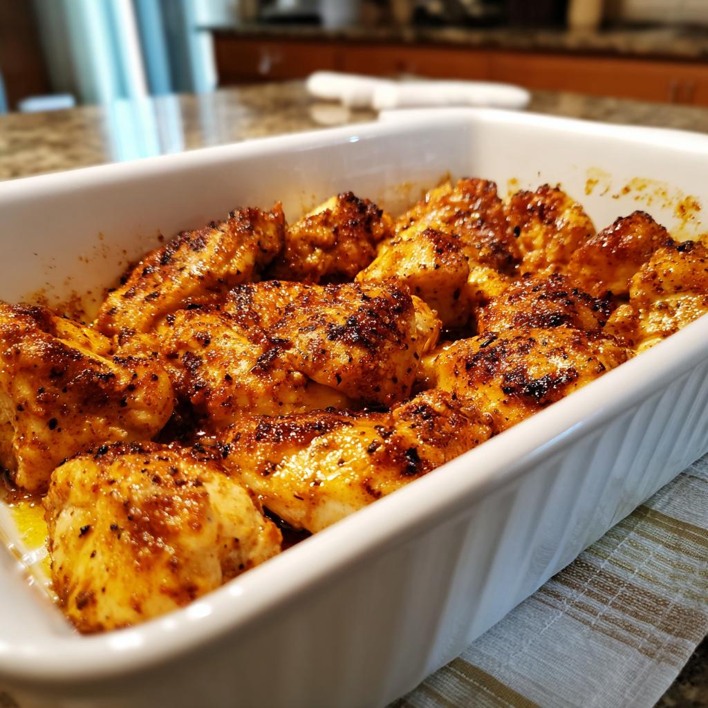 Close-up of juicy easy baked chicken dinners with seasoning in a white baking dish.