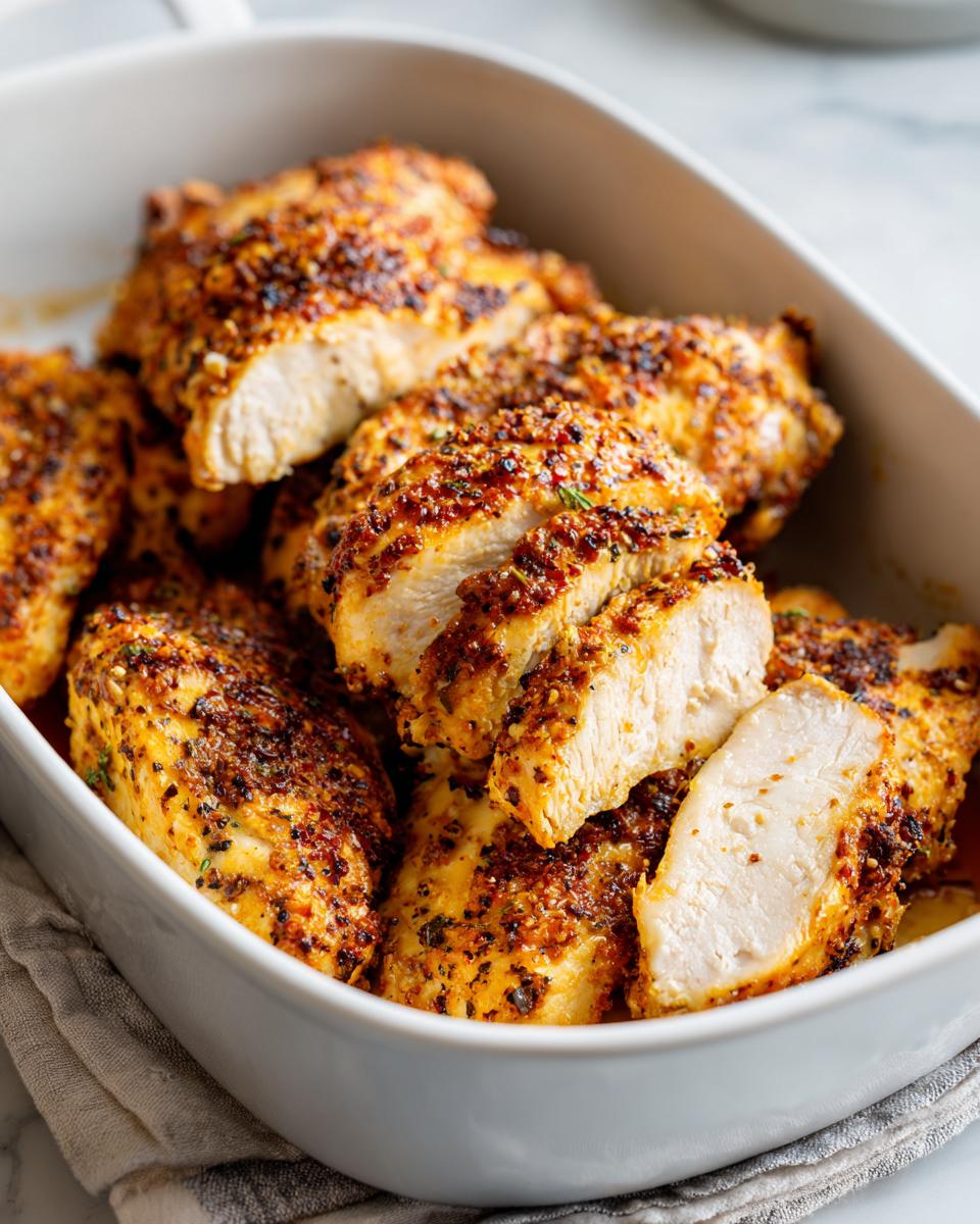 Close-up of juicy easy baked chicken dinners with seasoned crust in a white baking dish.