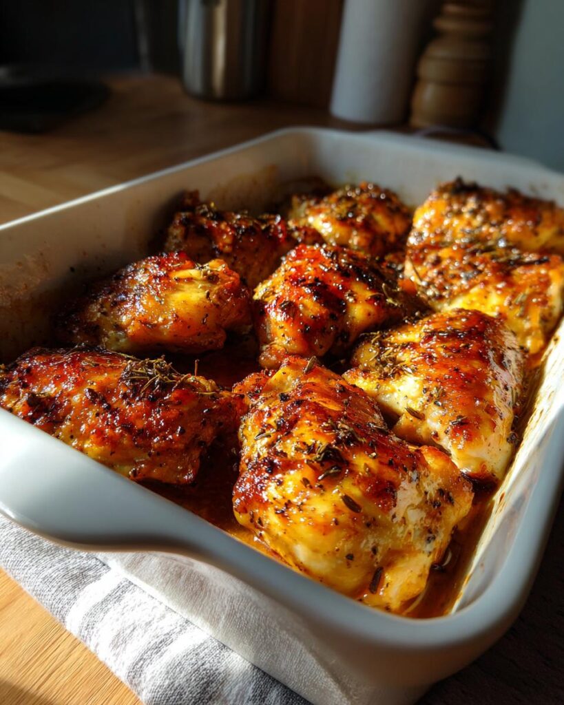 Close-up of juicy, golden-brown easy baked chicken dinners in a white baking dish.